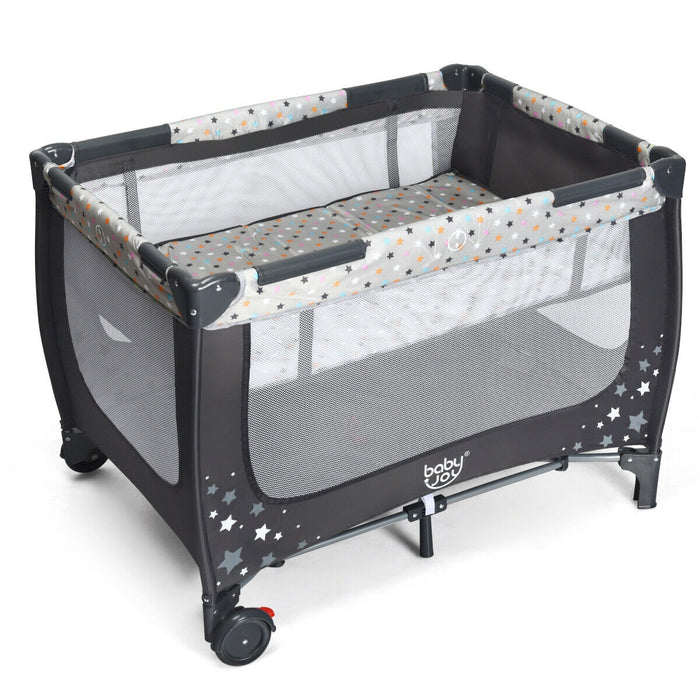 Portable Baby Playpen with Mattress Foldable Design-Gray