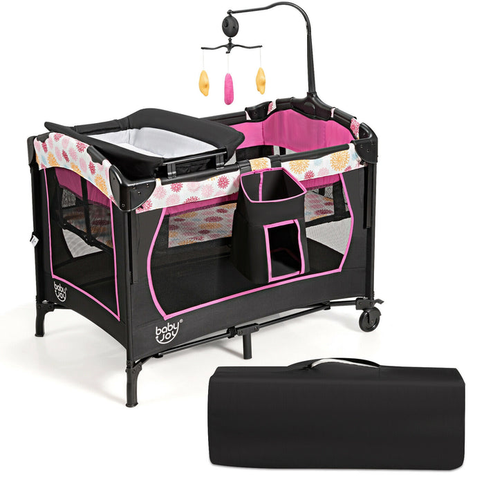 3-in-1 Convertible Portable Baby Playard with Music Box and Wheel and Brakes-Pink