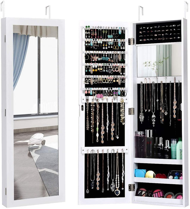 Full Length Mirror Jewelry Cabinet with Ring Slots and Necklace Hooks-White