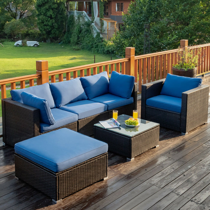 6 Pcs Patio Rattan Furniture Set with Sectional Cushion-Blue