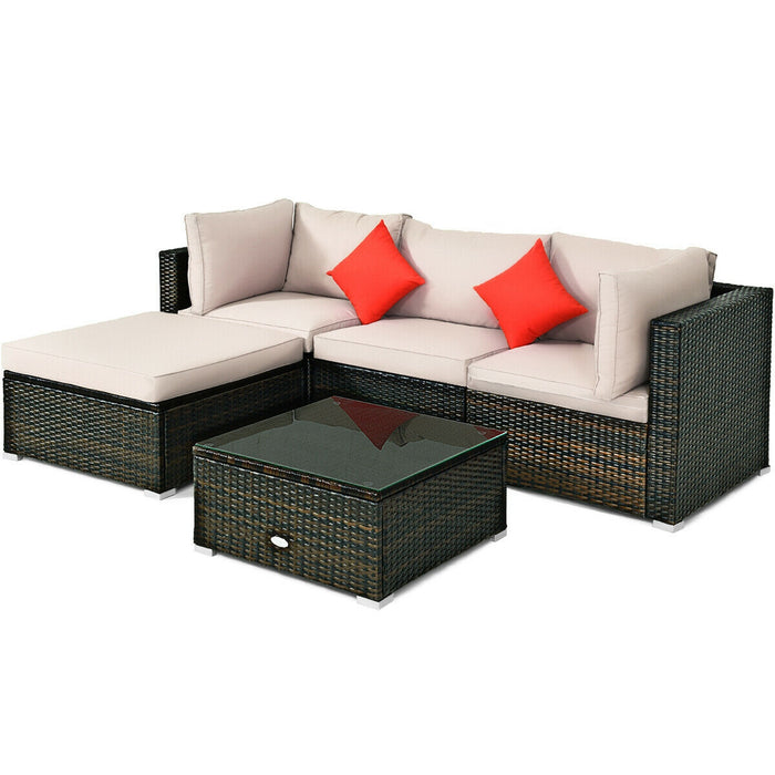 5 Pieces Outdoor Patio Rattan Furniture Set With Cushions-Beige