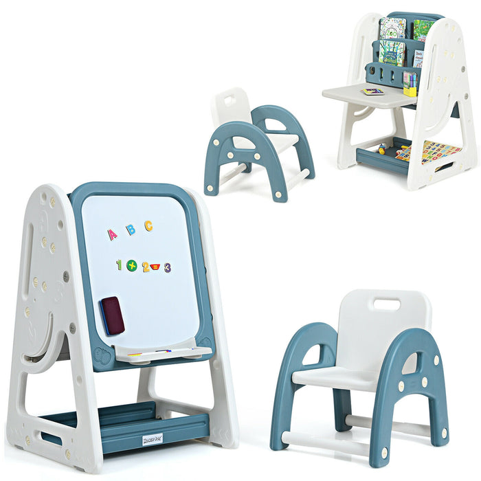 2-in-1 Kids Easel Desk Chair Set Book Rack Adjustable Art Painting Board-Blue