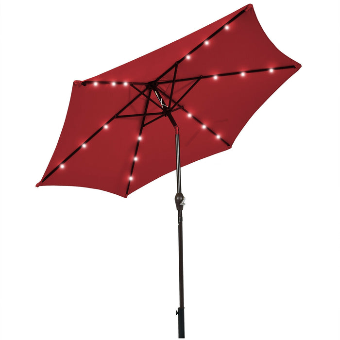 9 Feet Solar LED Lighted Patio Market Umbrella Tilt Adjustment Crank Lift-Dark Red