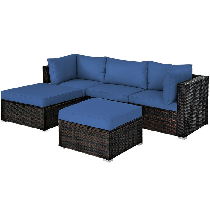 5 Pieces Patio Rattan Sofa Set with Cushion and Ottomans-Navy