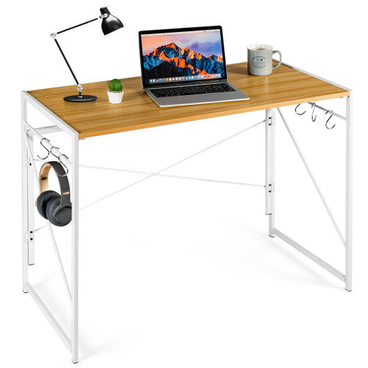 Folding Computer Desk Writing Study Desk Home Office with 6 Hooks-Natural