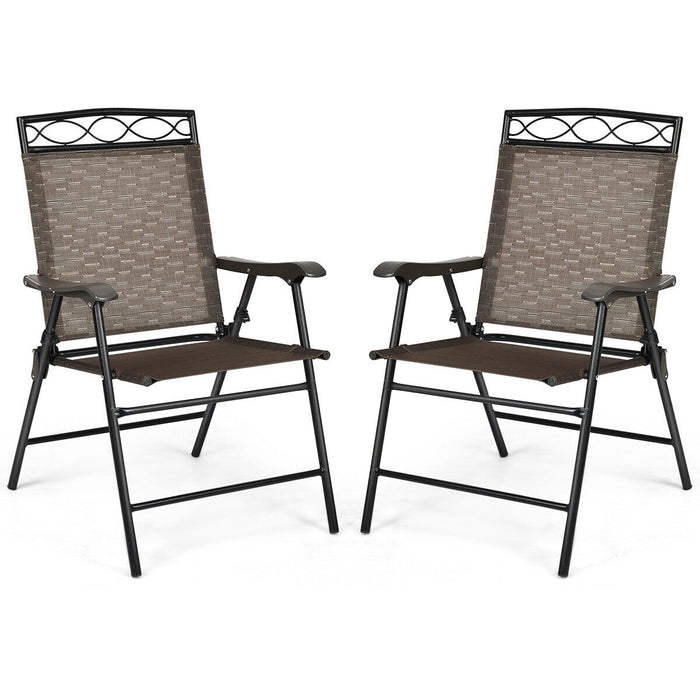 Set of 2 Patio Folding Chairs Sling Portable Dining Chair Set with Armrest