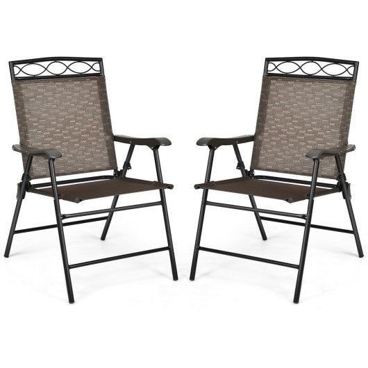 Set of 2 Patio Folding Chairs Sling Portable Dining Chair Set with Armrest