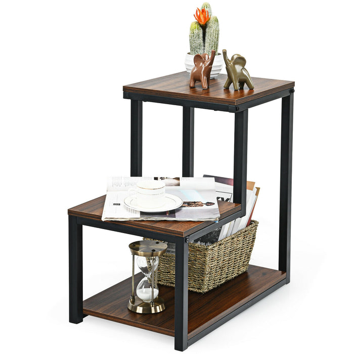 3-Tier End Table Sofa Side Table Ladder-Shaped with Storage Shelf-Brown