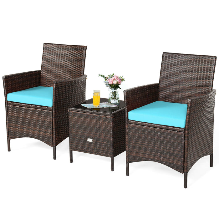 3 Pieces Patio Rattan Furniture Set Cushioned Sofa and Glass Tabletop Deck-Blue