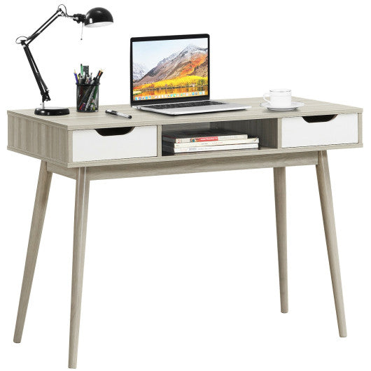 Stylish Computer Desk Workstation with 2 Drawers and Solid Wood Legs-Oak