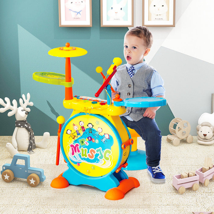 2-in-1 Kids Electronic Drum and Keyboard Set with Stool-Blue