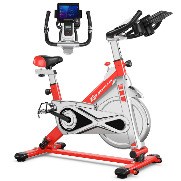 Stationary Silent Belt Adjustable Exercise Bike with Phone Holder and Electronic Display-Red