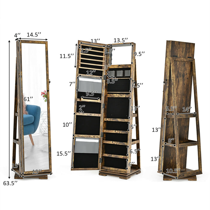 360Â° Rotatable 2-in-1 Lockable Jewelry Cabinet with Full-Length Mirror-Rustic Brown