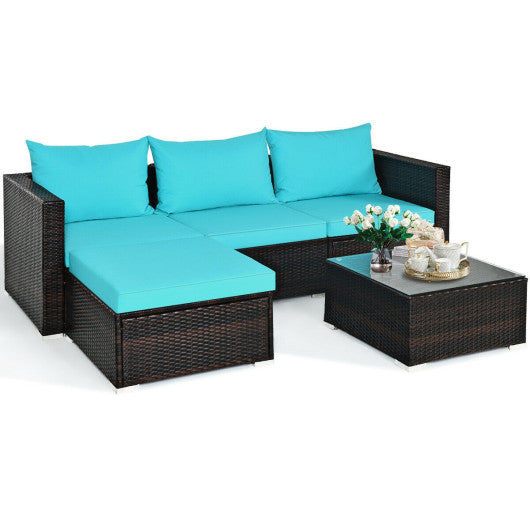 5 Pieces Patio Rattan Furniture Set with Coffee Table-Turquoise