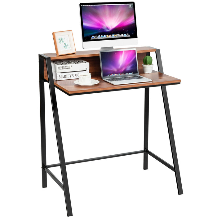 2 Tier Computer Desk PC Laptop Table Study Writing Home Office Workstation New-Walnut