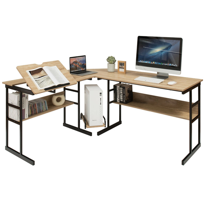 L-Shaped Computer Desk with Tiltable Tabletop-Natural