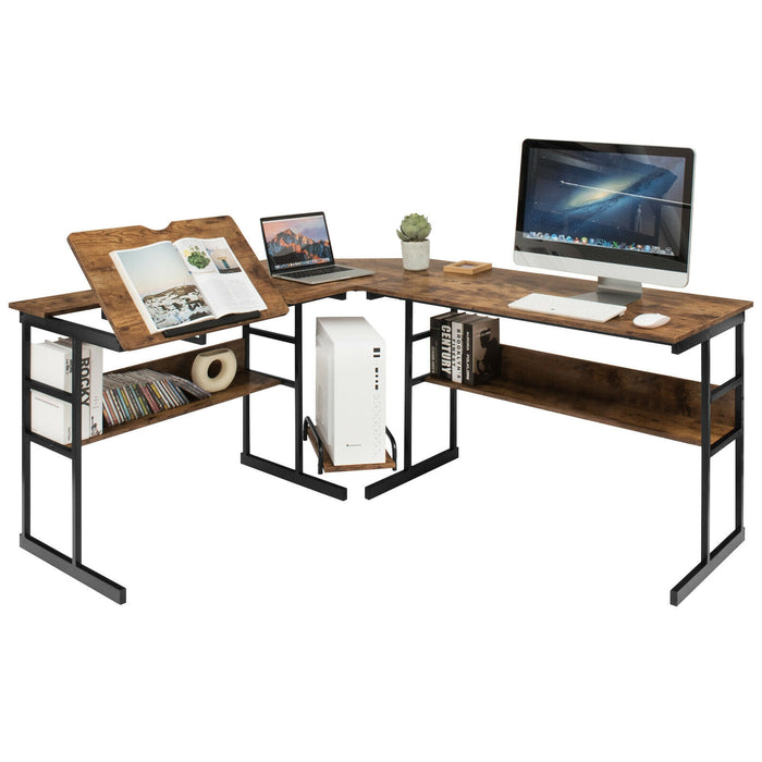 L-Shaped Computer Desk with Tiltable Tabletop-Rustic Brown