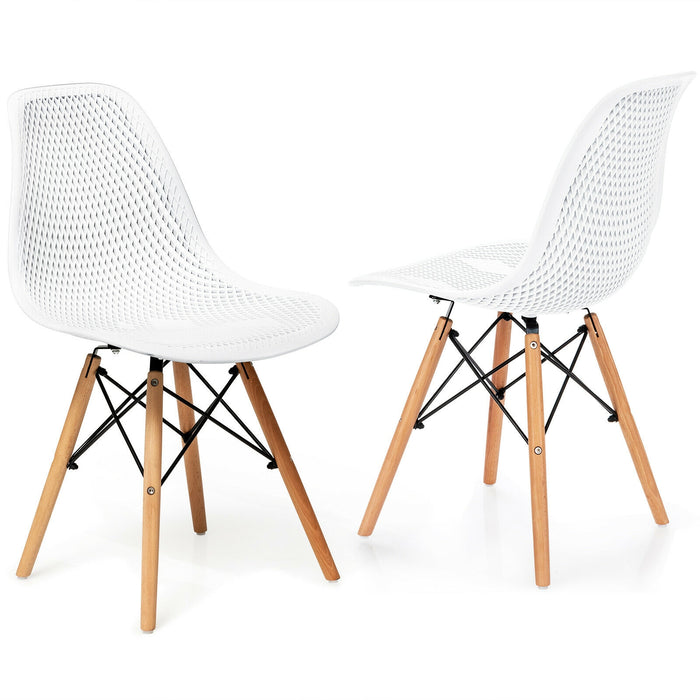 2 Pcs Modern Plastic Hollow Chair Set with Wood Leg-White