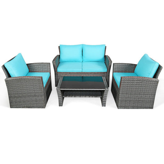 4 Pieces Patio Rattan Furniture Set Sofa Table with Storage Shelf Cushion-Turquoise