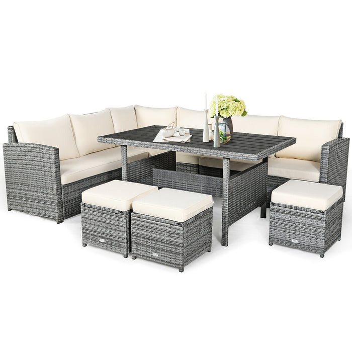 7 Pieces Patio Rattan Dining Furniture Sectional Sofa Set with Wicker Ottoman-Beige