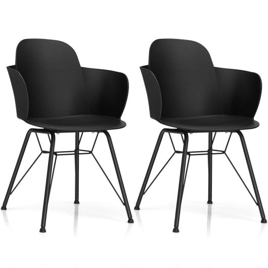 Set of 2 Metal Frame Modern Petal-Shape Plastic Dining Chairs-Black