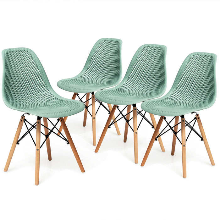 4 Pieces Modern Plastic Hollow Chair Set with Wood Leg-Green