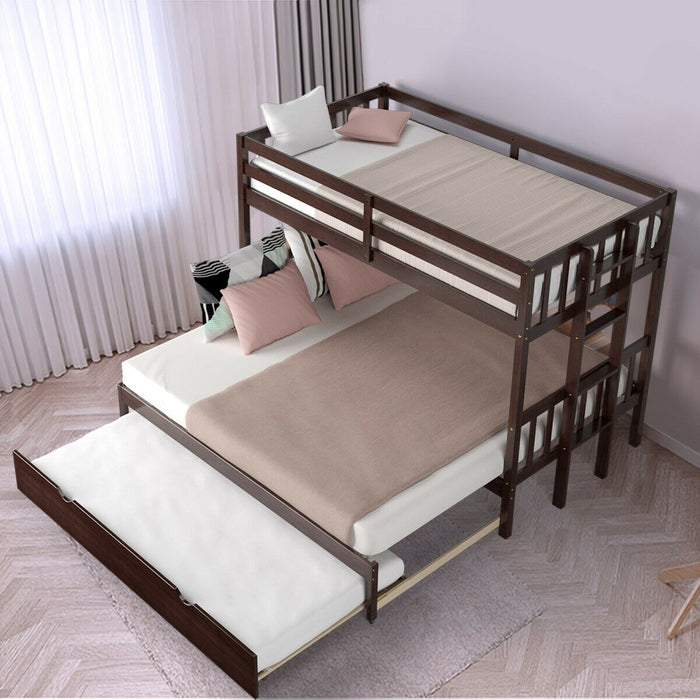 Twin Pull-Out Bunk Bed with Trundle Wooden Ladder-Espresso