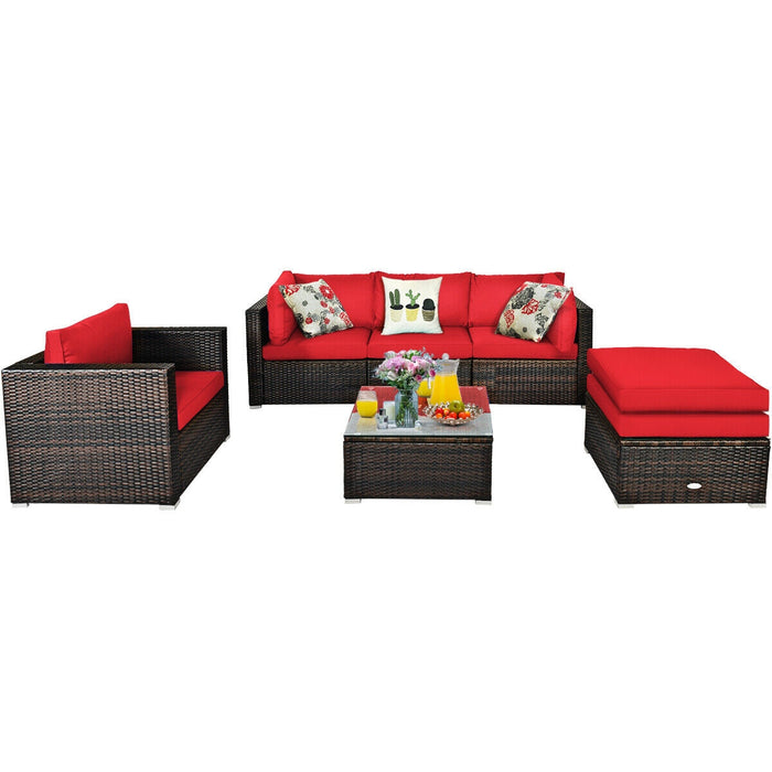 6 Pcs Patio Rattan Furniture Set with Sectional Cushion-Red