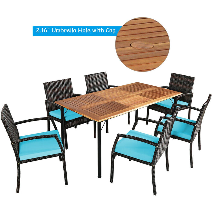 7Pcs Patio Rattan Cushioned Dining Set with Umbrella Hole-Turquoise