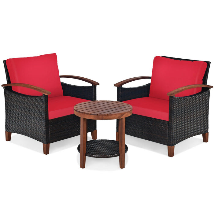 3 Pieces Patio Rattan Furniture Set with Washable Cushion and Acacia Wood Tabletop-Red