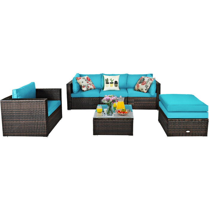 6 Pcs Patio Rattan Furniture Set with Sectional Cushion-Turquoise