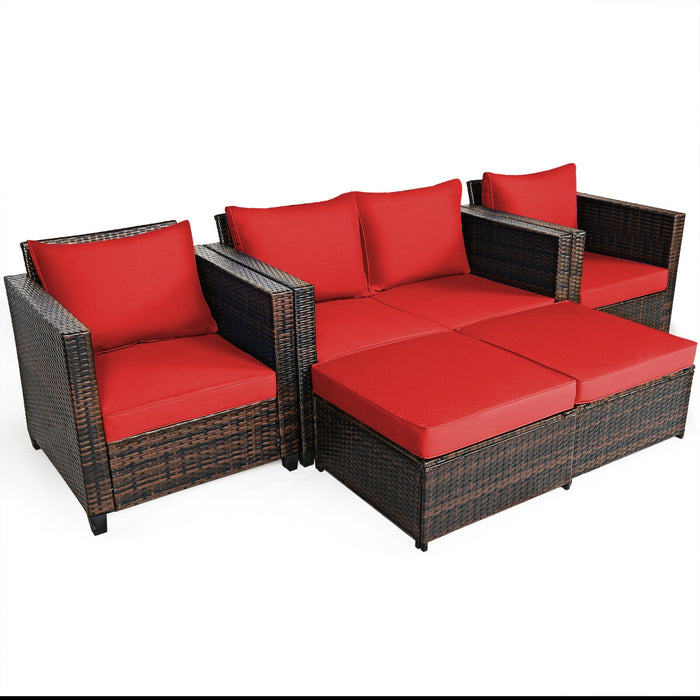 5 Pieces Patio Cushioned Rattan Furniture Set-Red