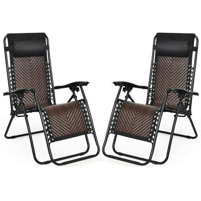 2 Pieces Folding Patio Rattan Zero Gravity Lounge Chair-Light Brown