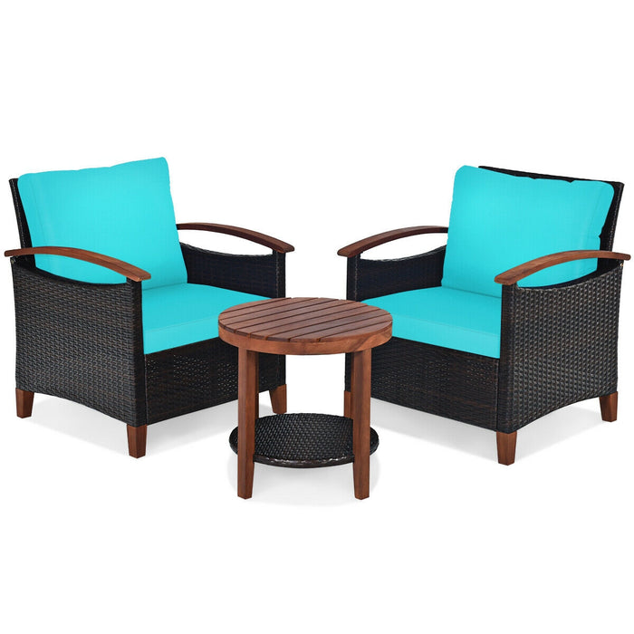 3 Pieces Patio Rattan Furniture Set with Washable Cushion and Acacia Wood Tabletop-Turquoise