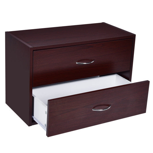 2-Drawer Dresser Horiztonal Organizer End Table Nightstand with Handle Wood-Brown