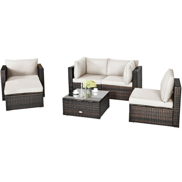 6 Pcs Patio Rattan Furniture Set with Sectional Cushion-White