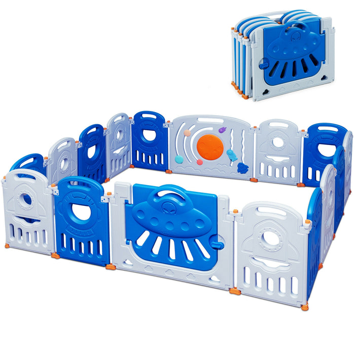 16-Panel Baby Playpen Safety Play Center with Lockable Gate-Blue