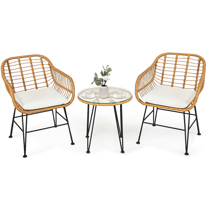 3 Pieces Rattan Furniture Set with Cushioned Chair Table-White