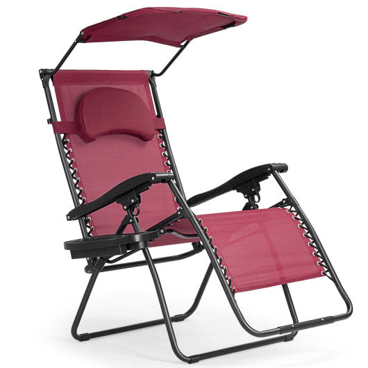 Folding Recliner Lounge Chair with Shade Canopy Cup Holder-Dark Red