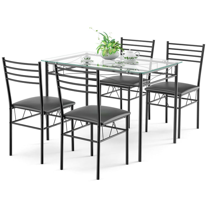 5 Pieces Dining Set with Tempered Glass Top Table and 4 Upholstered Chairs