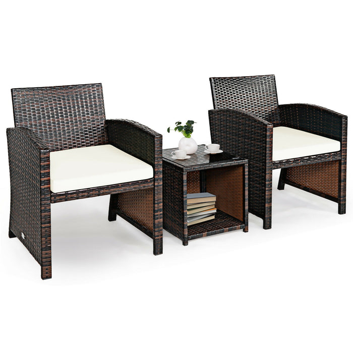 3 Pieces PE Rattan Wicker Furniture Set with Cushion Sofa Coffee Table for Garden-White