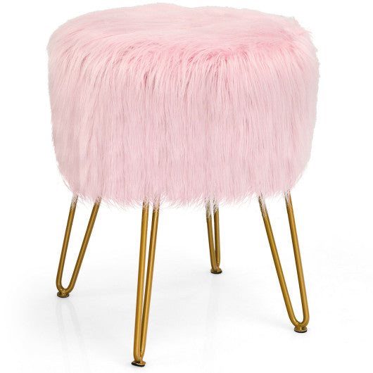 Faux Fur Vanity Stool Chair with Metal Legs for Bedroom and Living Room-Pink