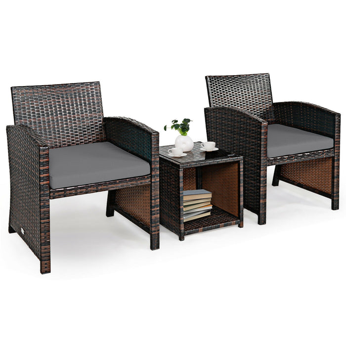 3 Pieces PE Rattan Wicker Furniture Set with Cushion Sofa Coffee Table for Garden-Gray