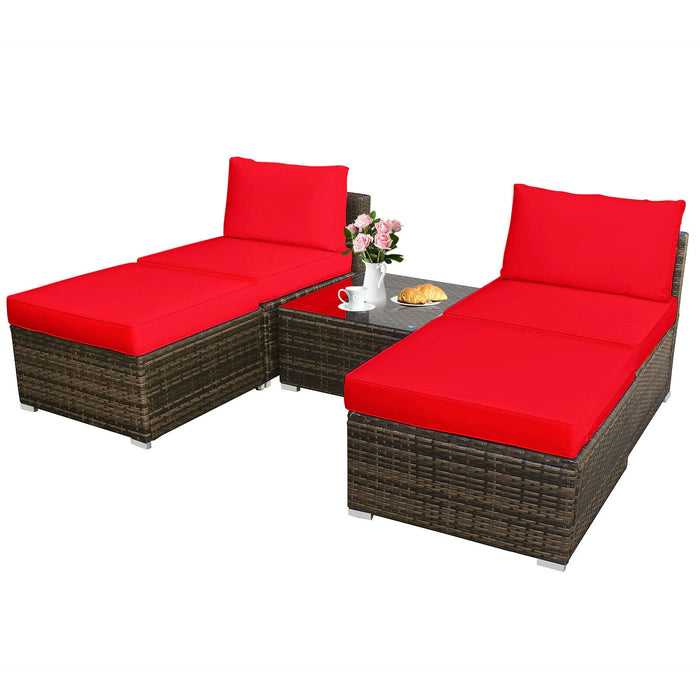 5 Pieces Patio Rattan Furniture Set with Cushioned Armless Sofa-Red