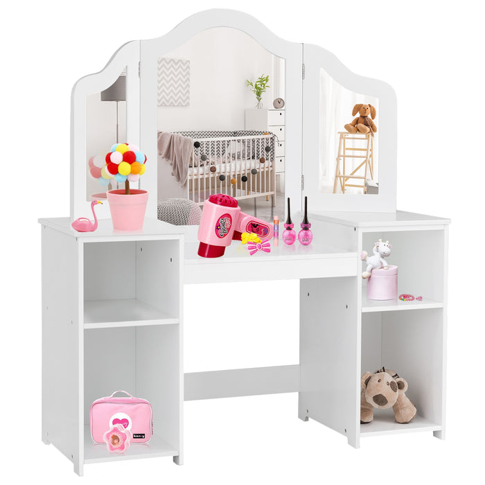 Kids Tri Folding Mirror Makeup Dressing Vanity Table Set-White