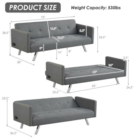 3 Seat Convertible Linen Fabric Futon Sofa with USB and Power Strip-Gray