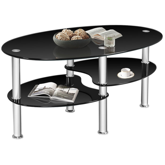 Tempered Glass Oval Side Coffee Table-Black