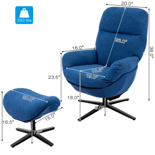 Upholstered Swivel Lounge Chair with Ottoman and Rocking Footstool-Blue