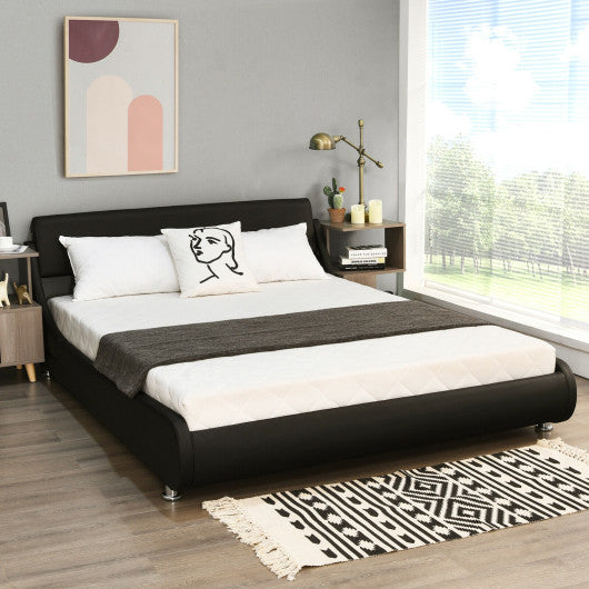 Queen Faux Leather Upholstered Platform Bed Frame Adjustable Headboard-Black