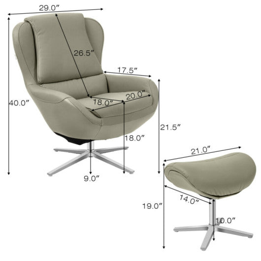 360Â° Â Swivel Leather Lounge Chair with Ottoman and Aluminum Alloy Base-Gray